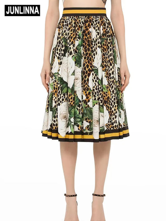 JUNLINNA 100% Cotton Skirt Summer Fashion Party Holiday Elegant Leopard and Flower Printed Half Dresses