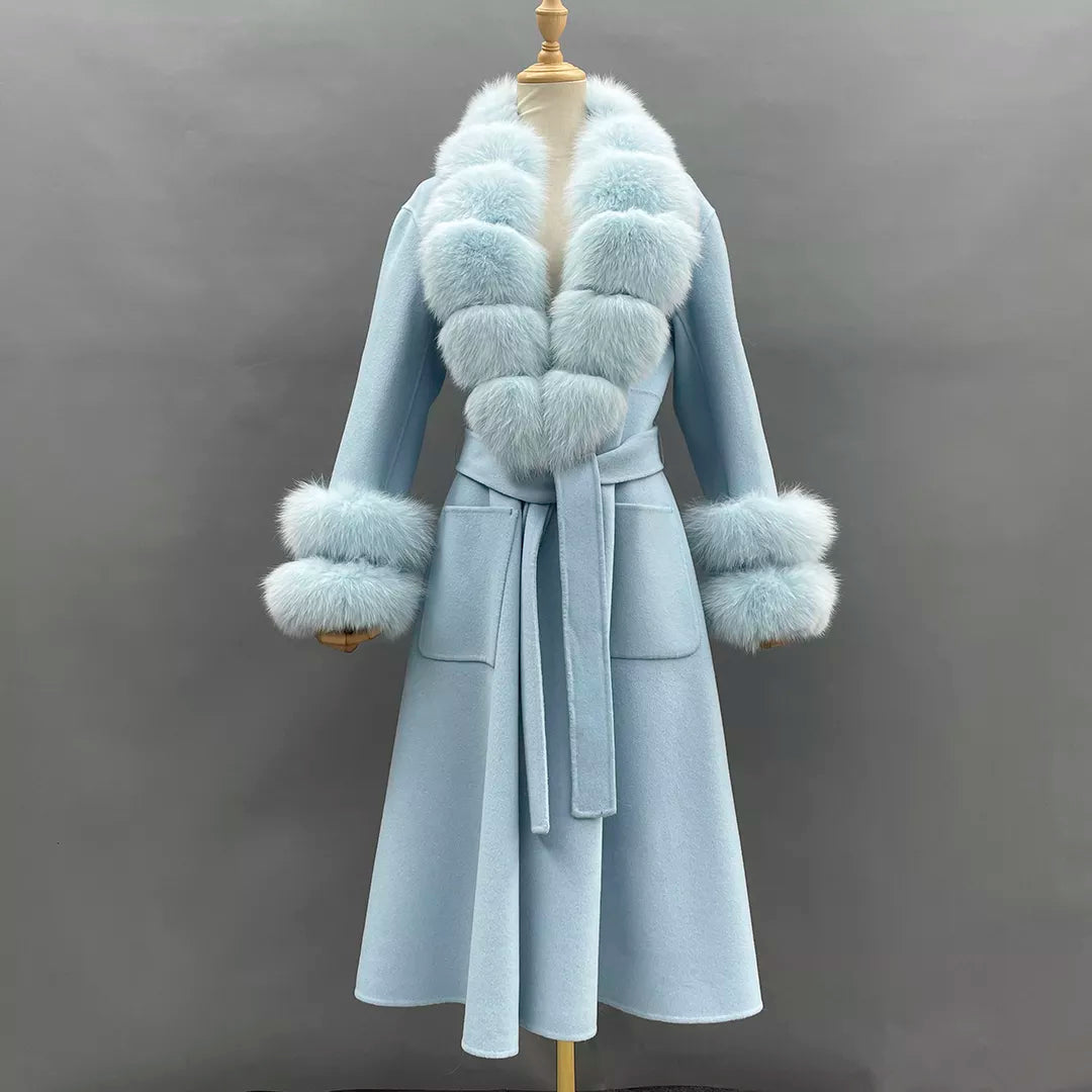 2022 Women's Winter Coats Real Fox Fur Collar Cashmere Wool Jackets Luxury Long Trench Padded Coats Overcoat Female