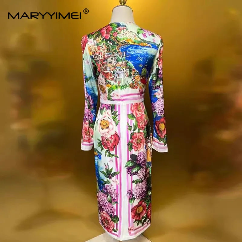 Women's High Street Dress Autumn Winter Long-Sleeved Slim-Fit Hip Wrap Oil Painting Landscape Printed Silk Dresses