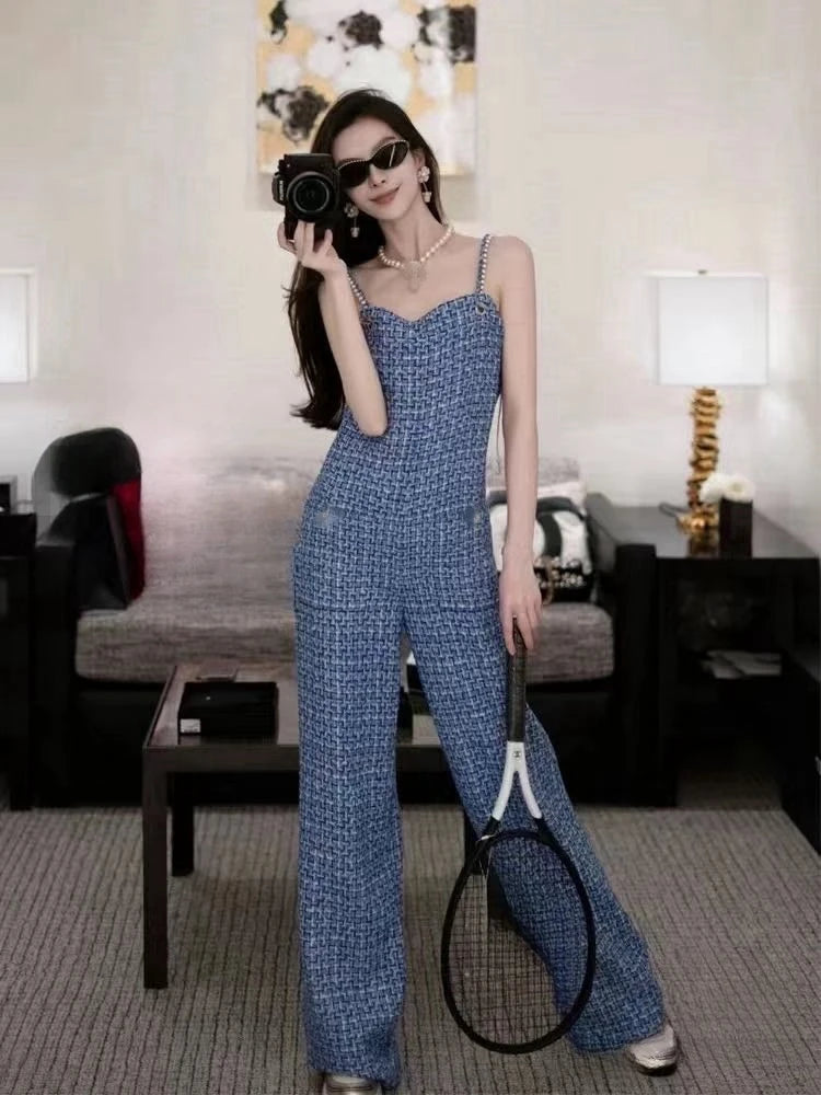 Luxury Customized Small Fragrant Style Jumpsuit, Blue Bra Strap, Wide Leg Pants, Holidays Cami, New