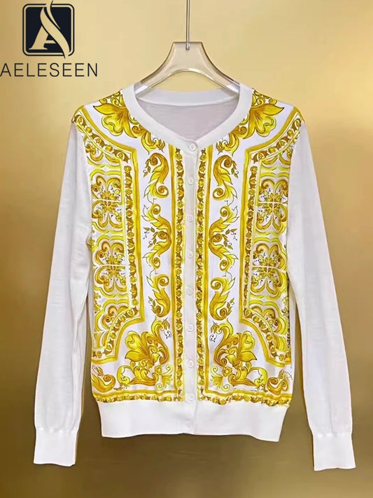 Women High Qaulity Summer Top Sicilian Silk Wool Kintted Patchwork Yellow Porcelian Printed Elegant Casual Sweater