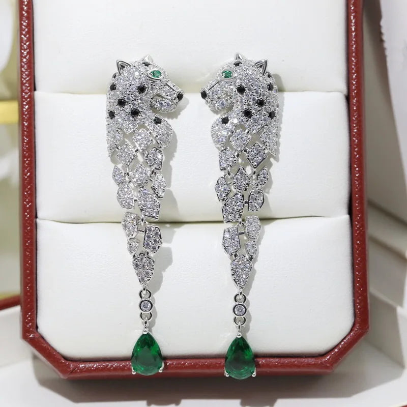 Europe America Designer Luxury Women Lady Setting Full Czech Zircon Green Eyes Leopard Head Tassels Stud Earrings