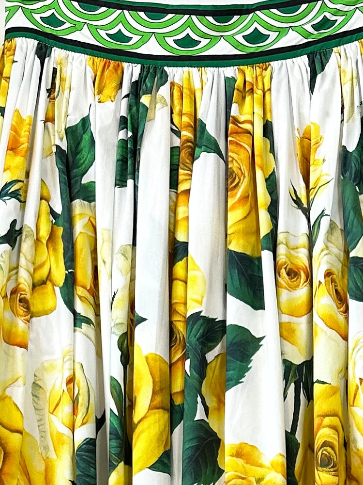 Sicilian 100% Cotton Skirt Women High Quality Yellow Rose Flower Print With Pockets Split Long Elegant Party Beach