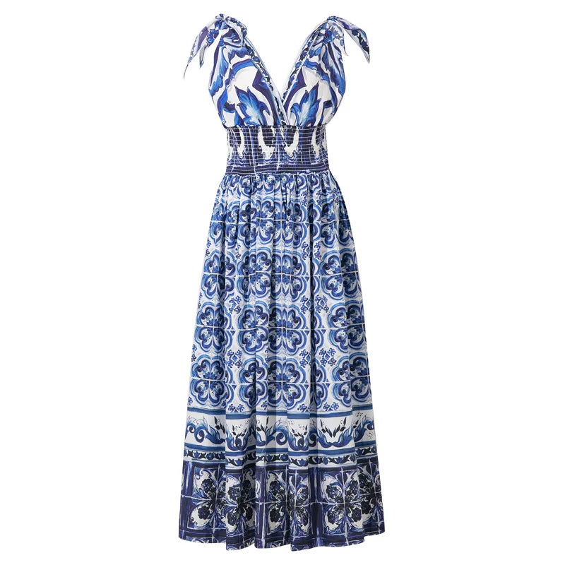 Summer Runway Vacation Long Dress Women V Neck Elastic Waist Blue and White Porcelain Print Maxi Dresses Robe Femme Clothes N499