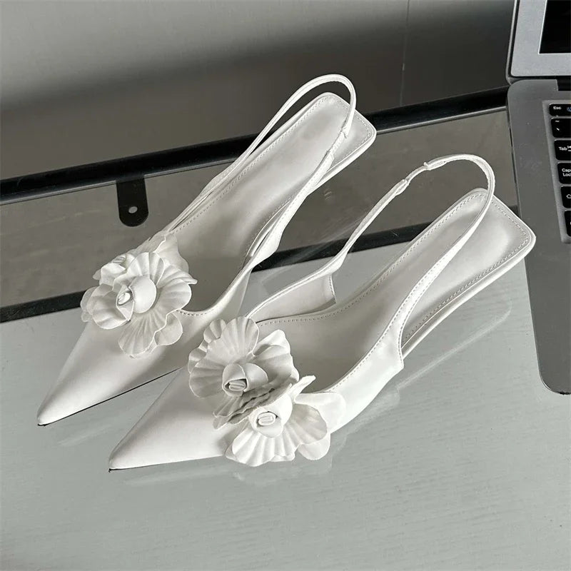 Ella Fashion Sexy Flower Pointed Toe Thin Low Heels Pumps Women Elegant Slingback Mules Shoes Zapatos De Mujer