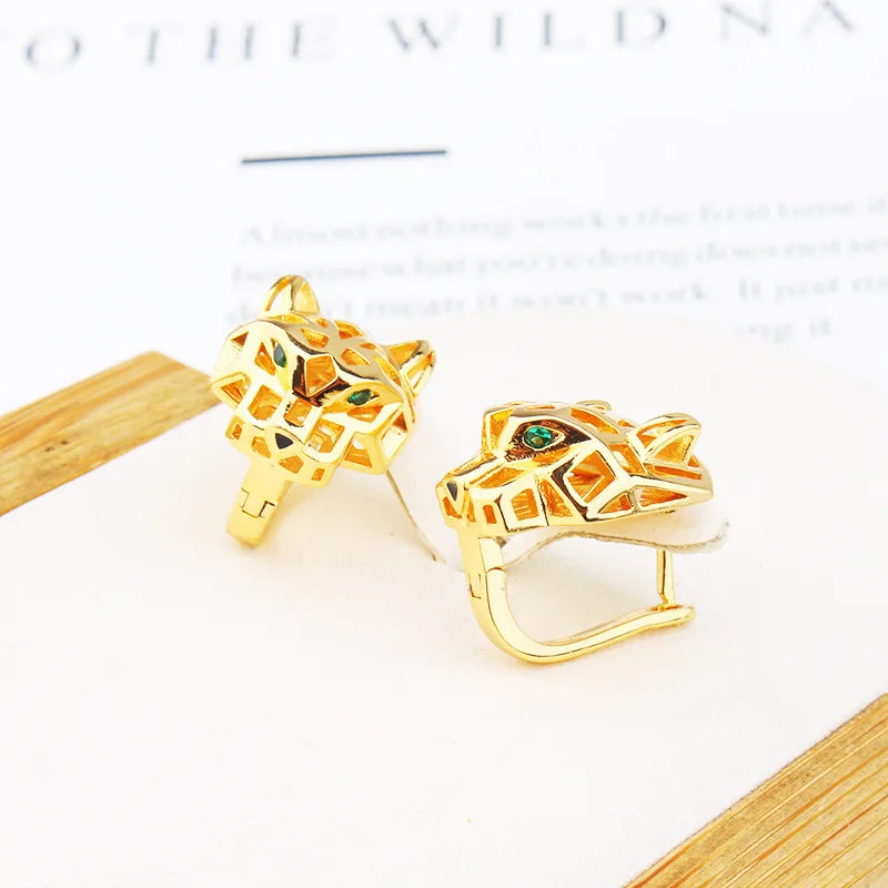 Europe America Designer Luxury Women Lady Micro Inlaid Full Zircon Green Leopard Plated Gold Color Stud Ear Clip Earrings