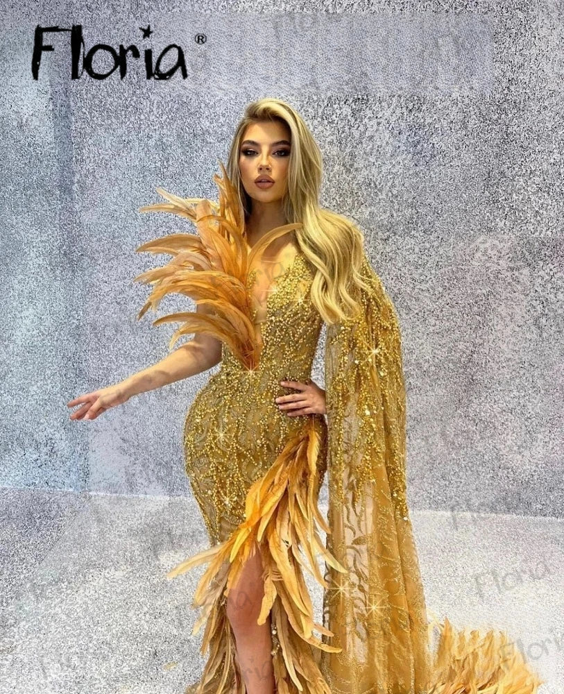 Luxury Gold Feathers Evening Dress Dubai Fashion Beaded Side Slit Formal Prom Party Gowns Women Long Celebrity Dresses Customize