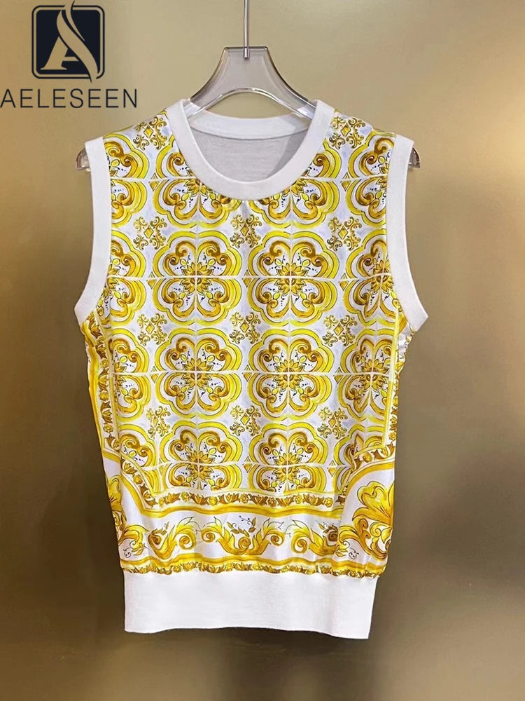 Runway Fashion Summer Vest Women Sicilian High Quality Wool Patchwork Silk Yellow Porcelian Print Casual Knitted Top