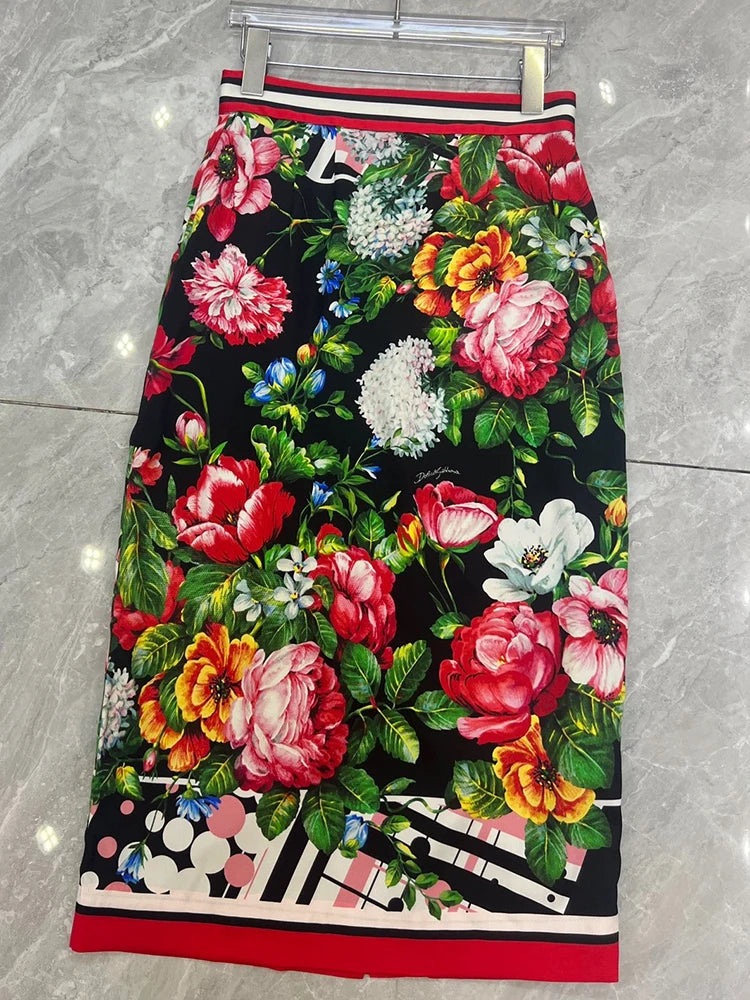 Spring and summer 2024 new women's printed black scarf collar top+high waist slim hip skirt fashion two-piece women's suit