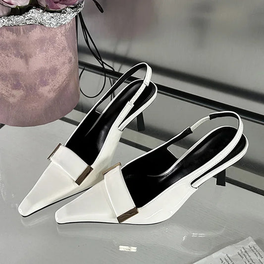 Sexy Pointed Toe Patent Leather Women Pumps Street Style Slingback Thin High Heels Shallow Ladies Sandals Shoes