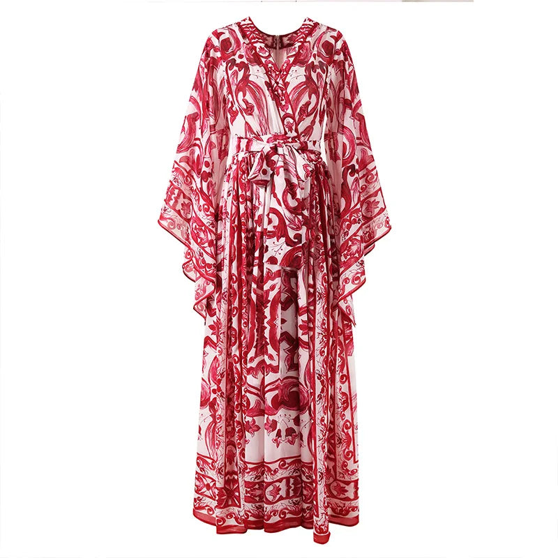 Red Blue And White Chiffon Porcelain Print Holiday Dress Summer Vintage Bohemia Dress Women's  Loose Lace Up Belt Long Robe Vestido