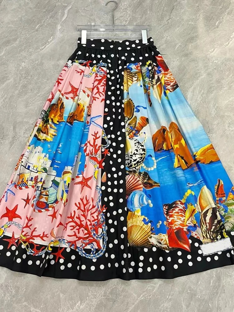 Runway Fashion 100% Cotton Skirt Women Summer Sicilian Flower Dots Shell Conch Printed Elegant Long Poplin Party