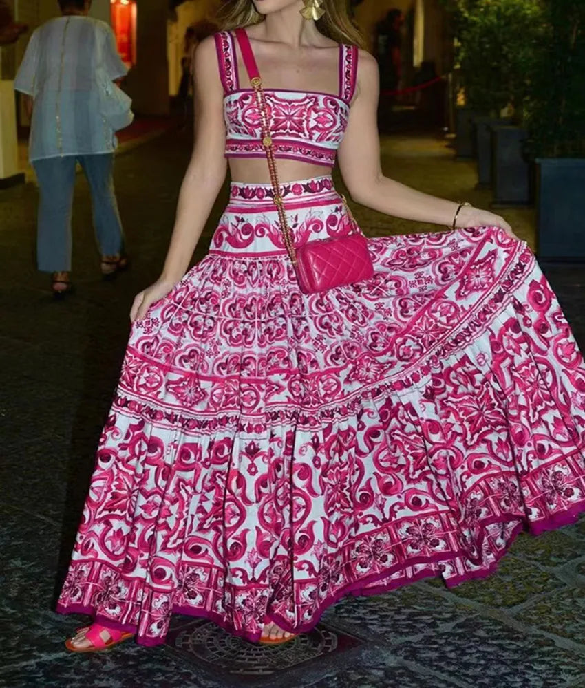 Summer Runway Blue And White Porcelain Two Piece Set Women Flower Print Short Crop Top + Holiday Beach Maxi Skirt Suits