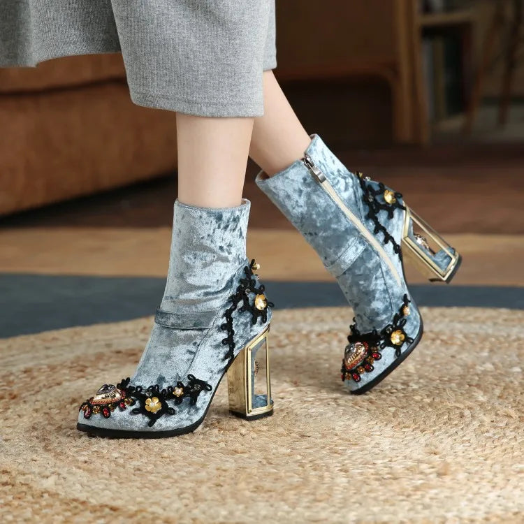 Big Size43 Fretwork Bird Cage High Heels Women Ankle Boots Blue Luxury Velvets Short Botas Side Zipper Black Fashion Zapatillas