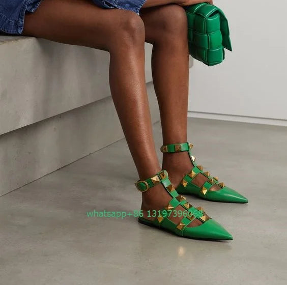 Lady yellow colorful rockstud design flat sandals cut-out studed gold design slingback shoes buckle strap pointed toe sexy shoes