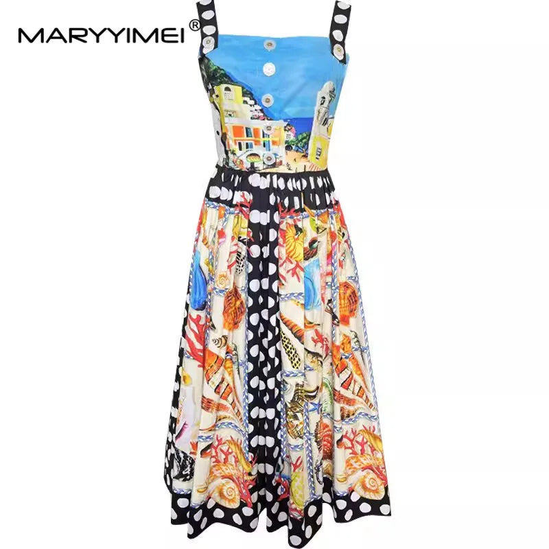 Women's Beach Vacation Cotton Dress Summer Spaghetti Strap Backless Button Dot Print Pleated Dresses