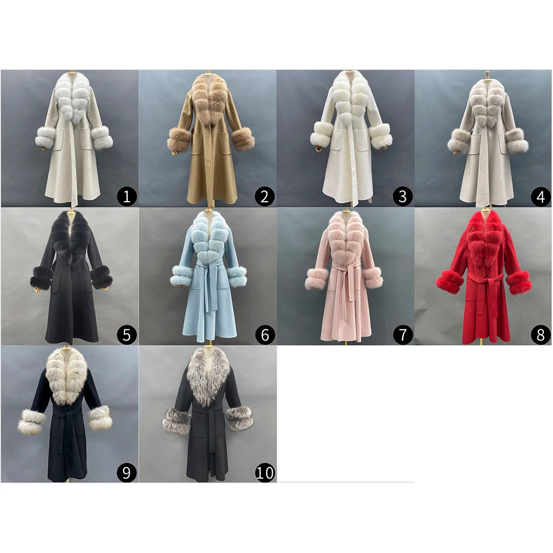 2022 Women's Winter Coats Real Fox Fur Collar Cashmere Wool Jackets Luxury Long Trench Padded Coats Overcoat Female