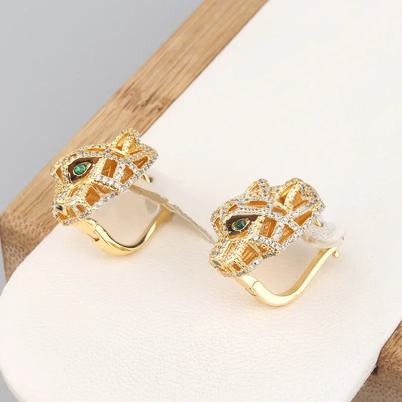 Europe America Designer Luxury Women Lady Micro Inlaid Full Zircon Green Leopard Plated Gold Color Stud Ear Clip Earrings