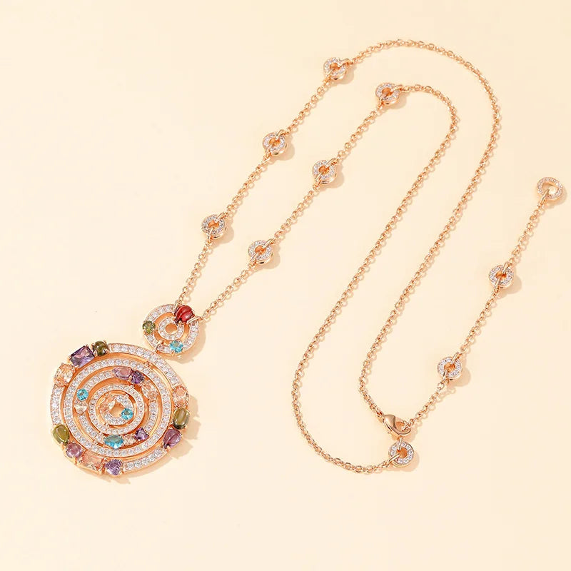 Women's Top Fashion Multi Color Crystal Zircon Big Round Circle Pendant Necklace Gold Plated Party Jewelry Wholesale