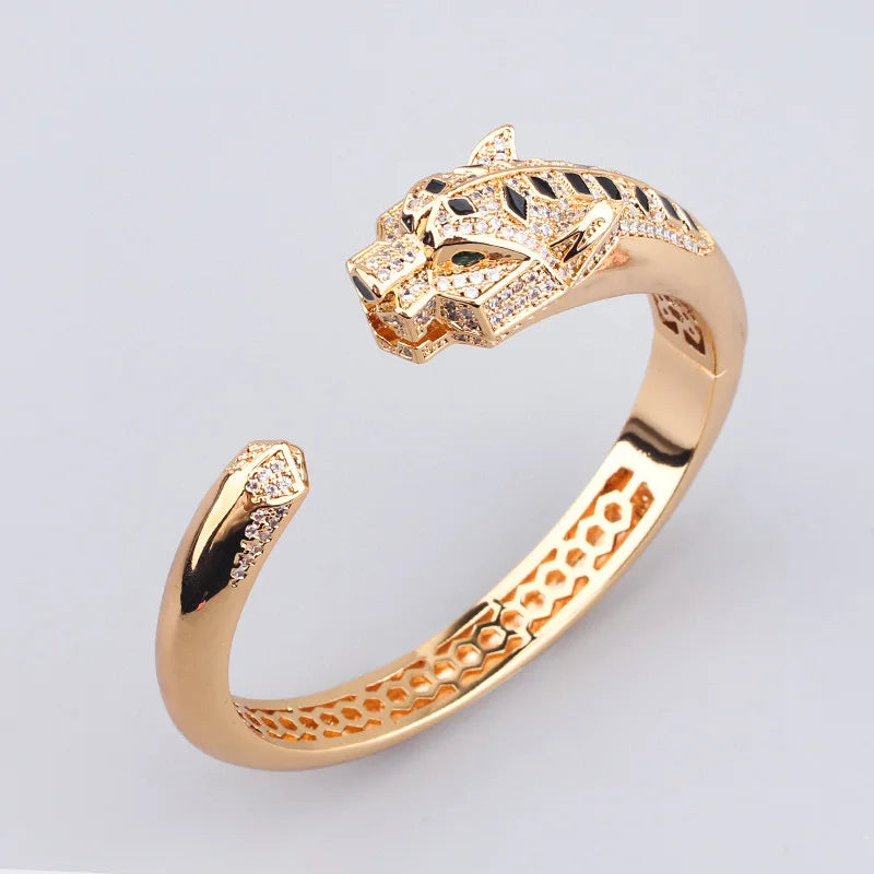 Europe America Fashion Style Women Lady Plated Gold Color Green Eyes Black Spots Cubic Zircon Leopard Open Ring Bracelet Bangle