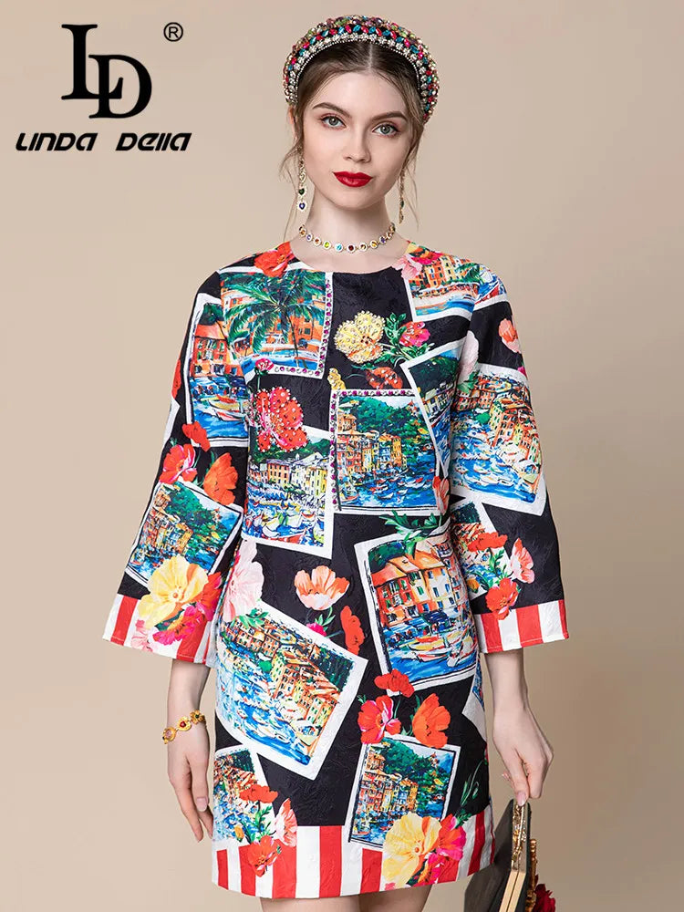 LD LINDA DELLA 2024 Summer Bohemia Fashion Elegant Dress Women's Round Neck Architecture Print Streak Splice Loose Dress