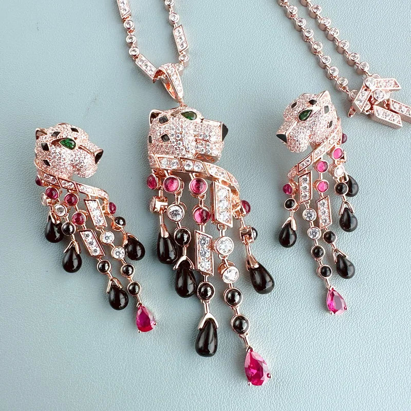 Custom Designer Collection Dinner Party Necklace Earrings Inlay Cubic Zircon Tassels Beads Leopard Pendant Chain Jewelry Sets