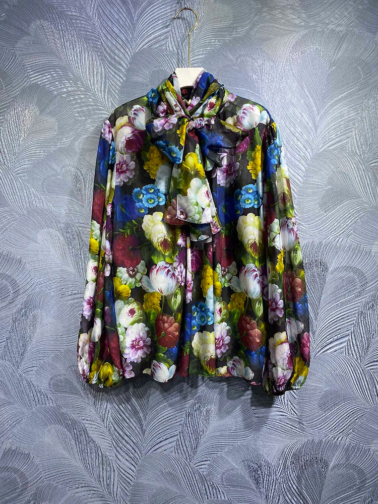 Elegant Chiffon Blouse Summer Spring New Fashion Design Women Runway High Quality 100% Silk Vintage Sicily Flower Print