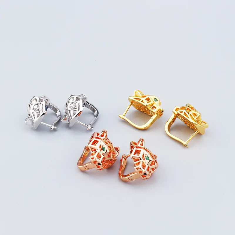 Europe America Designer Luxury Women Lady Micro Inlaid Full Zircon Green Leopard Plated Gold Color Stud Ear Clip Earrings