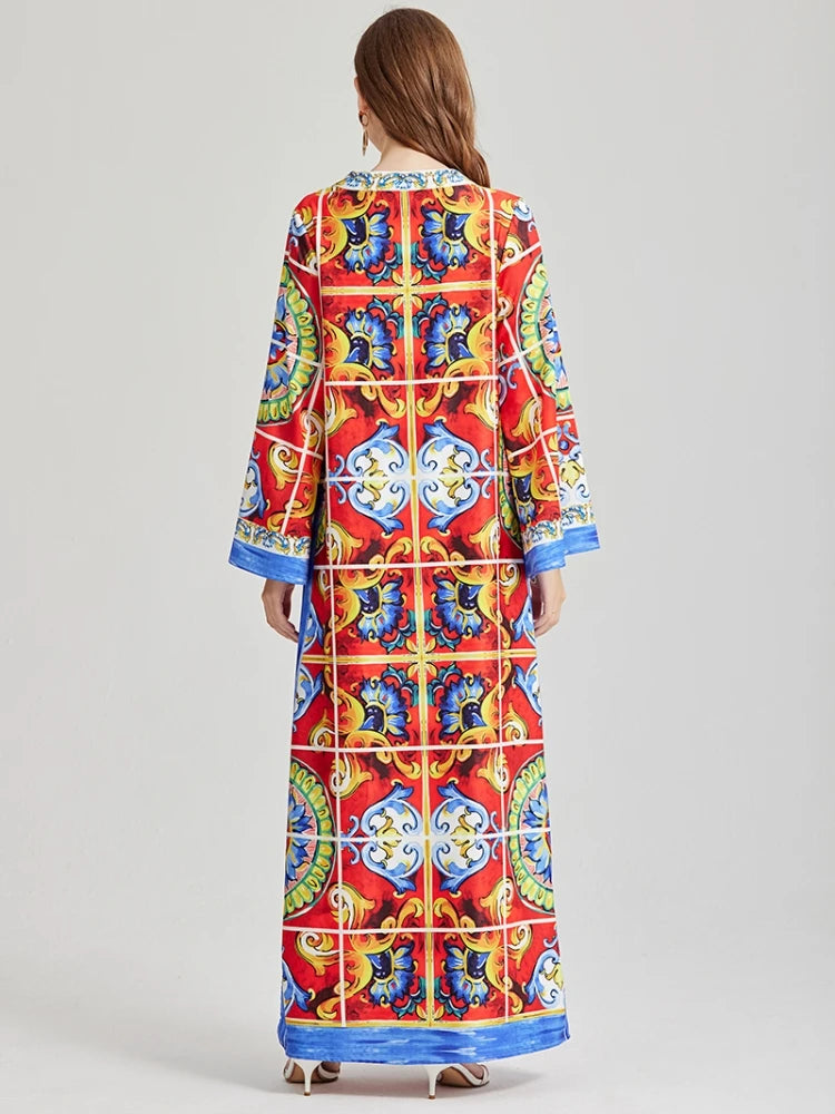 New Fashion Bohemian Holiday Loose Maxi Dresses For Women Long Sleeve O Neck Flower Print Side Split Muslim Robe Vestidos