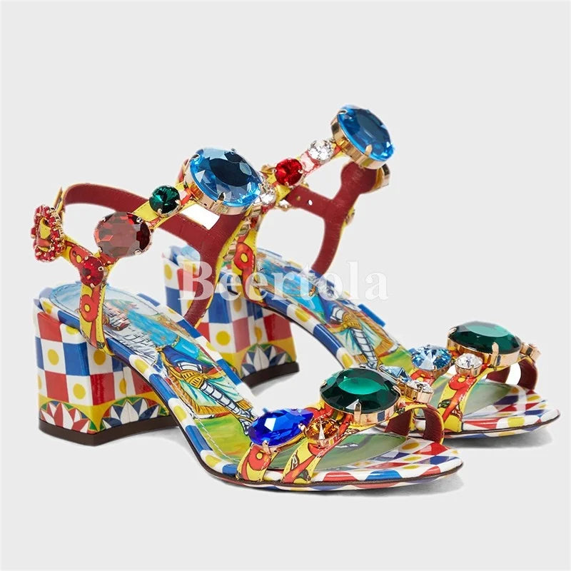 Woman Luxury Rhinestone Sandals Bohemia Gem Ankle Strap Chunky Heels Open Toe Mid-Heel Mixed Color Party Dress Printed Shoes