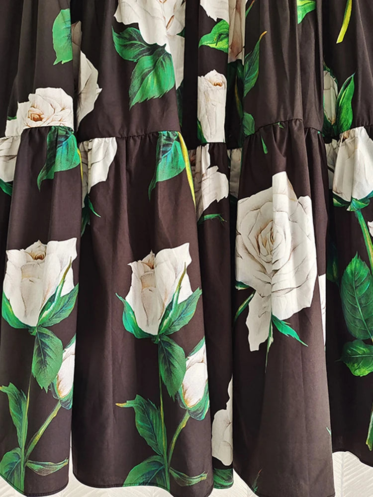 100% Cotton Skirt Women Fashion Runway 2022 Summer Black White Flower Printed High Quality Long Sicilian