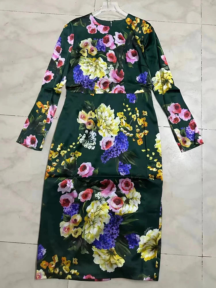 Designer vintage print round neck high-waisted long-sleeved dress 2024 spring women's new fashion waist tight hip skirt