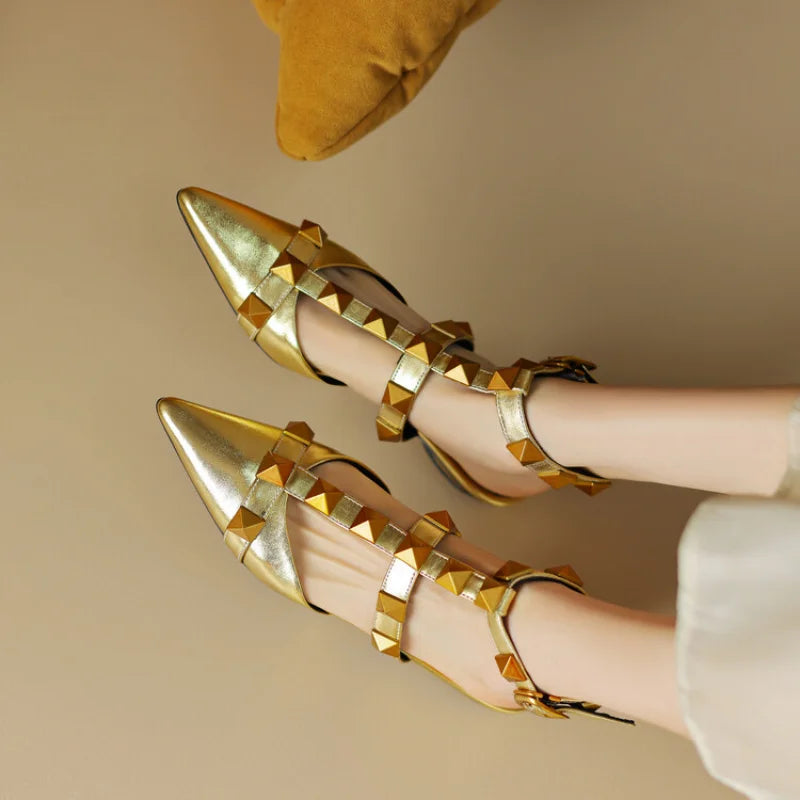 Ochanmeb Genuine Leather Sandals Women Flats Punk Studs Rivet Pointed Toe Flat Shoes Woman Ankle Buckle Strap Gold Party Sandals