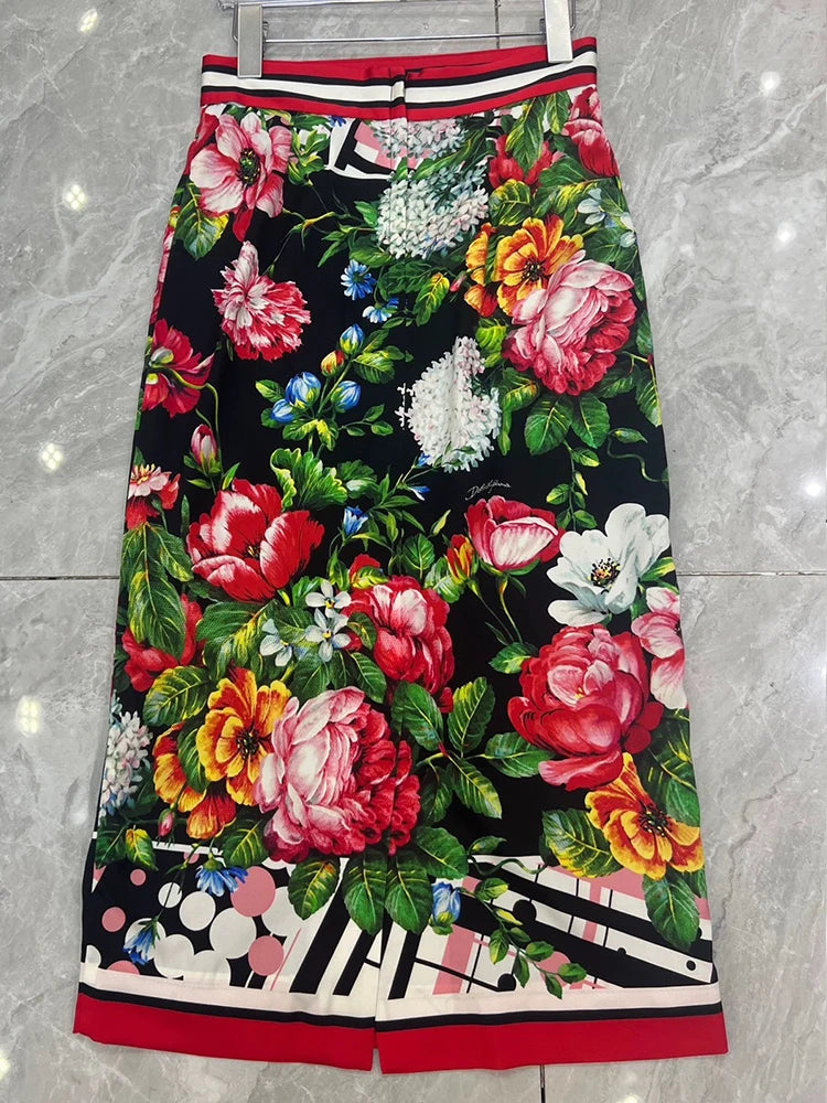 Spring and summer 2024 new women's printed black scarf collar top+high waist slim hip skirt fashion two-piece women's suit