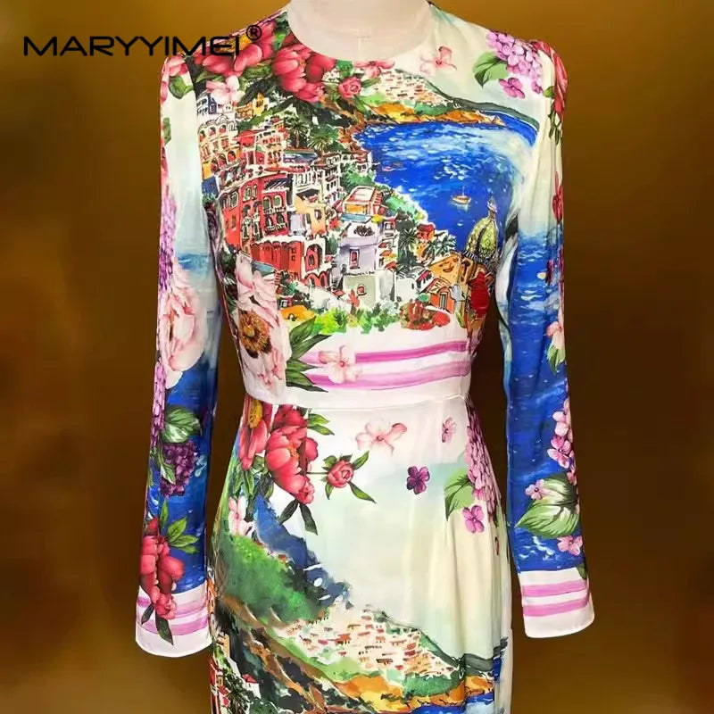 Women's High Street Dress Autumn Winter Long-Sleeved Slim-Fit Hip Wrap Oil Painting Landscape Printed Silk Dresses