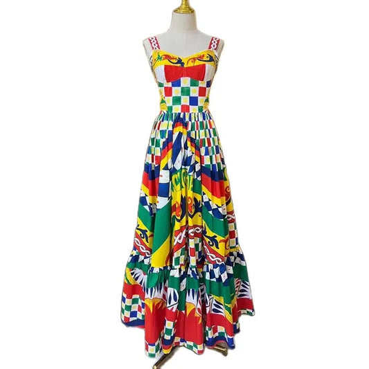 Runway Summer Off Shoulder Maxi Dress Women's V Neck Spaghetti Strap Zipper Up Colorblock Vintage Print Vacation Long Vestido