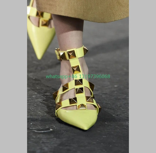 Lady yellow colorful rockstud design flat sandals cut-out studed gold design slingback shoes buckle strap pointed toe sexy shoes