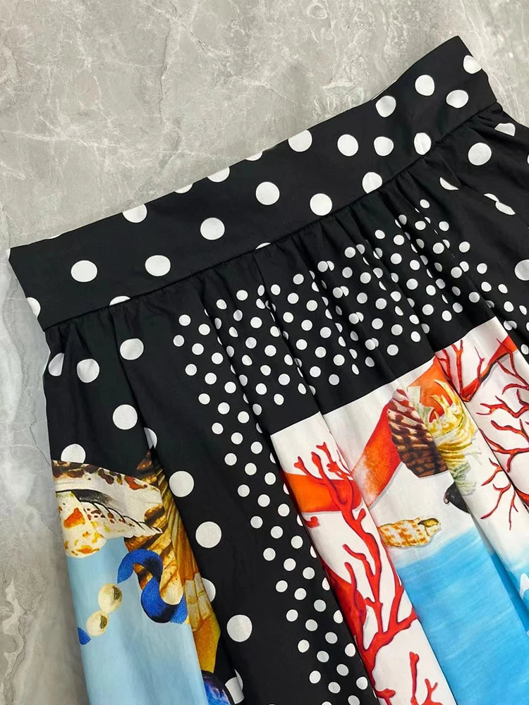 Runway Fashion 100% Cotton Skirt Women Summer Sicilian Flower Dots Shell Conch Printed Elegant Long Poplin Party