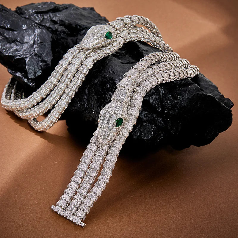 Women's Chic Snake Jewelry Set - 3-Layer Necklace & Bracelet with Green Zircon Eyes, Perfect Birthday or Banquet Gift