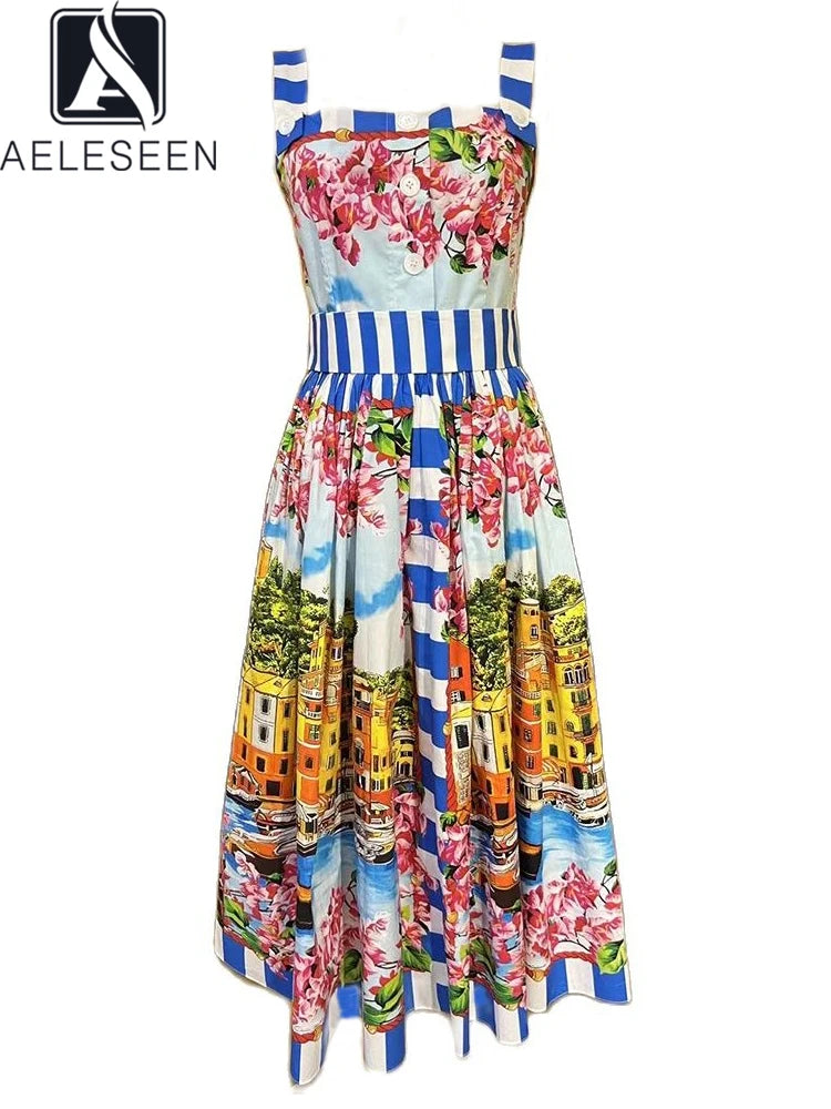 Sicilian 100% Cotton Dress Women Summer Designer Spaghetti Strap Flower House Print Striped Elegant Midi Party Camisole