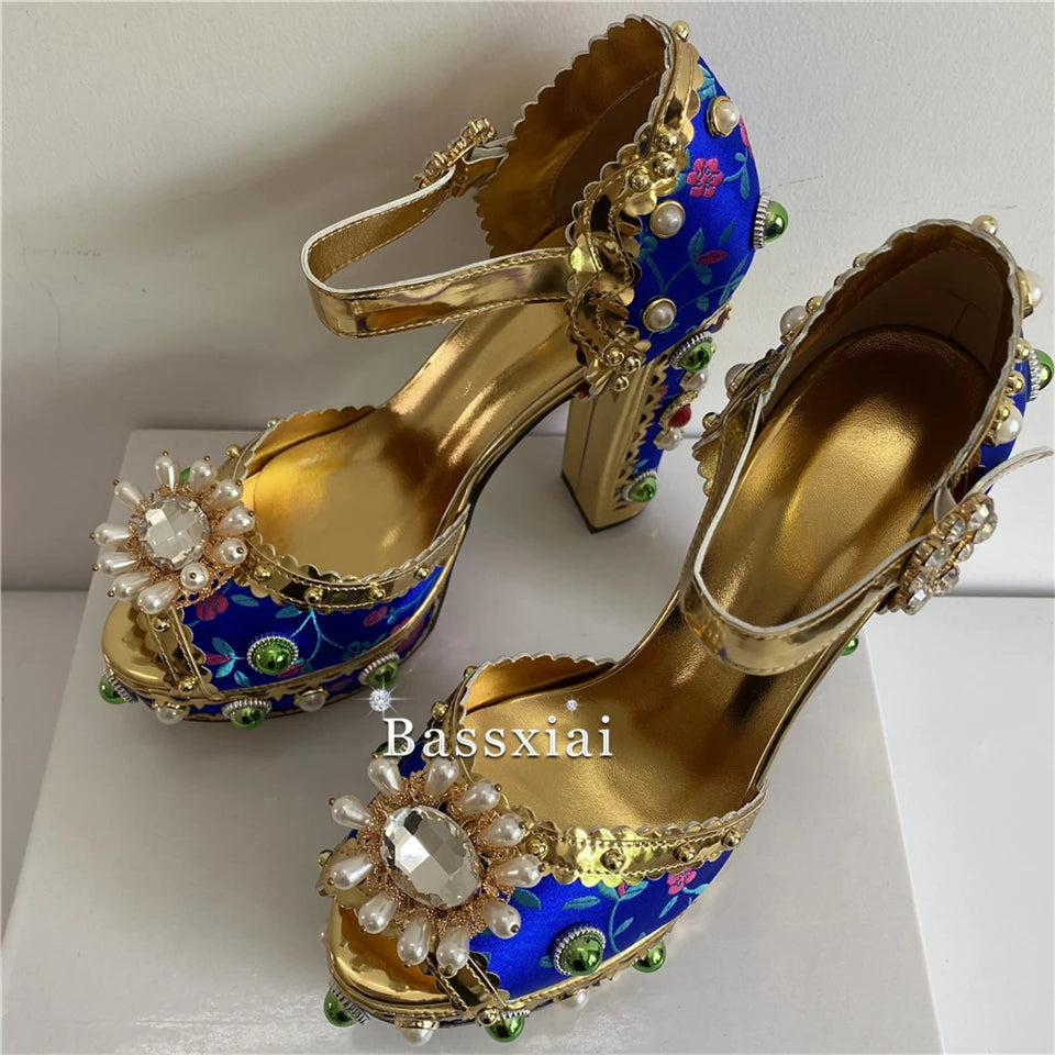 Sexy Embroidery Satin Beads Chunky Heel Sandals Women High Platform Rivets Decor Diamond Rhinestone Wedding Shoes Summer