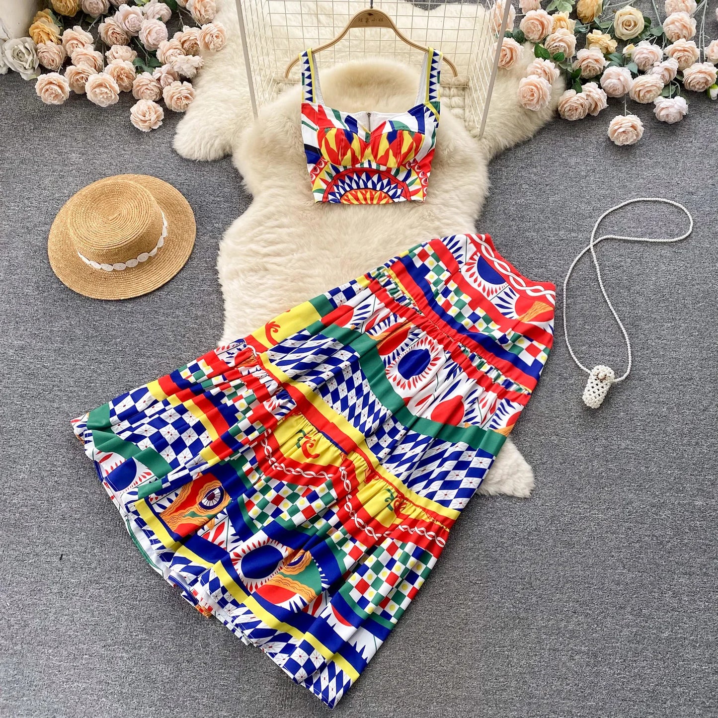 Summer Runway Holiday Beach Two Piece Set Women's Cup Padded Spaghetti Strap Colorblock Print Short Crop Tops＋Maxi Skirts Suit