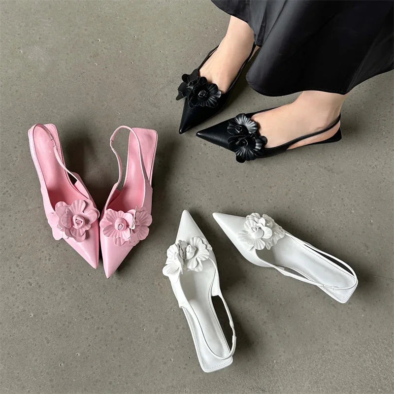 Ella Fashion Sexy Flower Pointed Toe Thin Low Heels Pumps Women Elegant Slingback Mules Shoes Zapatos De Mujer