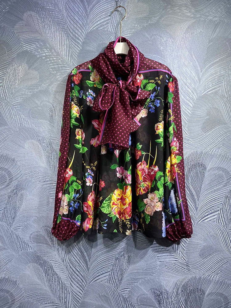 Elegant Chiffon Blouse Summer Spring New Fashion Design Women Runway High Quality 100% Silk Vintage Sicily Flower Print