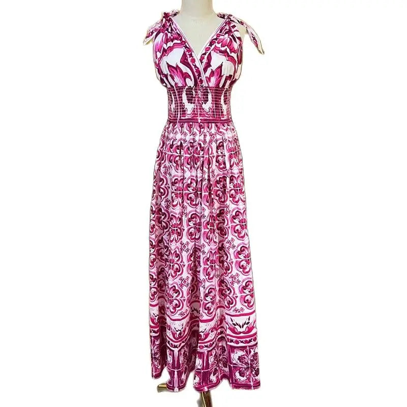 Summer Runway Vacation Long Dress Women V Neck Elastic Waist Blue and White Porcelain Print Maxi Dresses Robe Femme Clothes N499