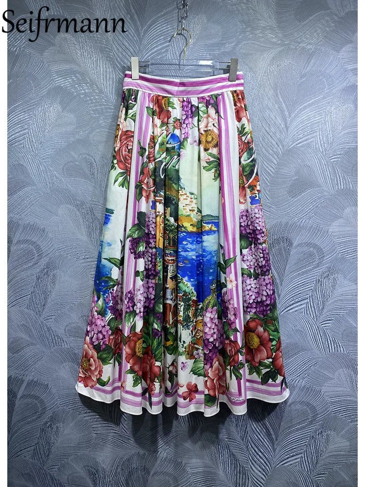 Fashion Runway Summer Women New Silk Skirt Sets Bohemian Floral Print Single Breasted Shirt+Pleated Skirt 2 Pieces Set