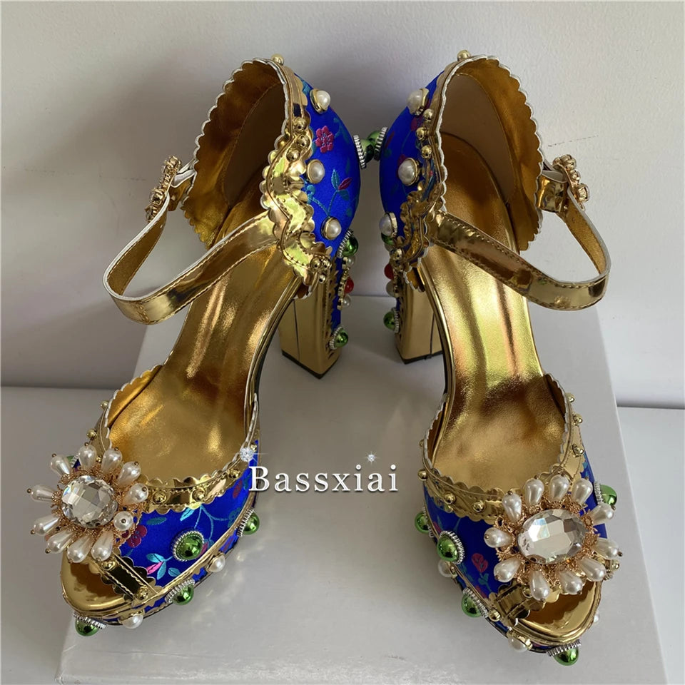 Sexy Embroidery Satin Beads Chunky Heel Sandals Women High Platform Rivets Decor Diamond Rhinestone Wedding Shoes Summer