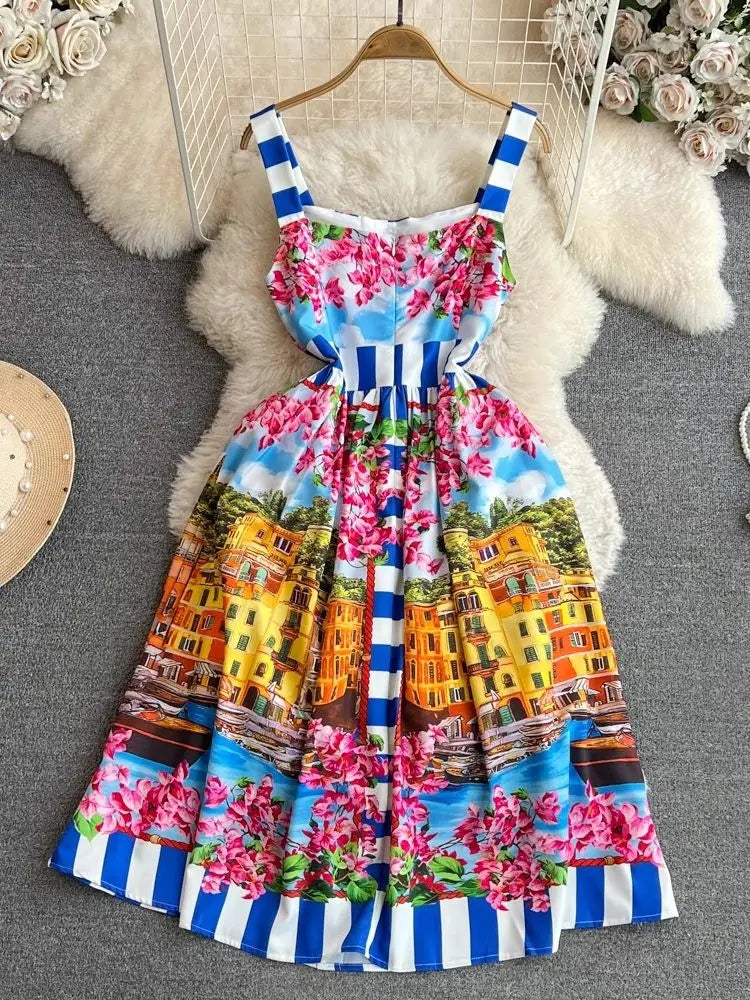 Summer Holiday Buttons Spaghetti Strap Dress Women's Sleeveless Square Collar Backless Flower Print Beach Runway Midi Vestidos