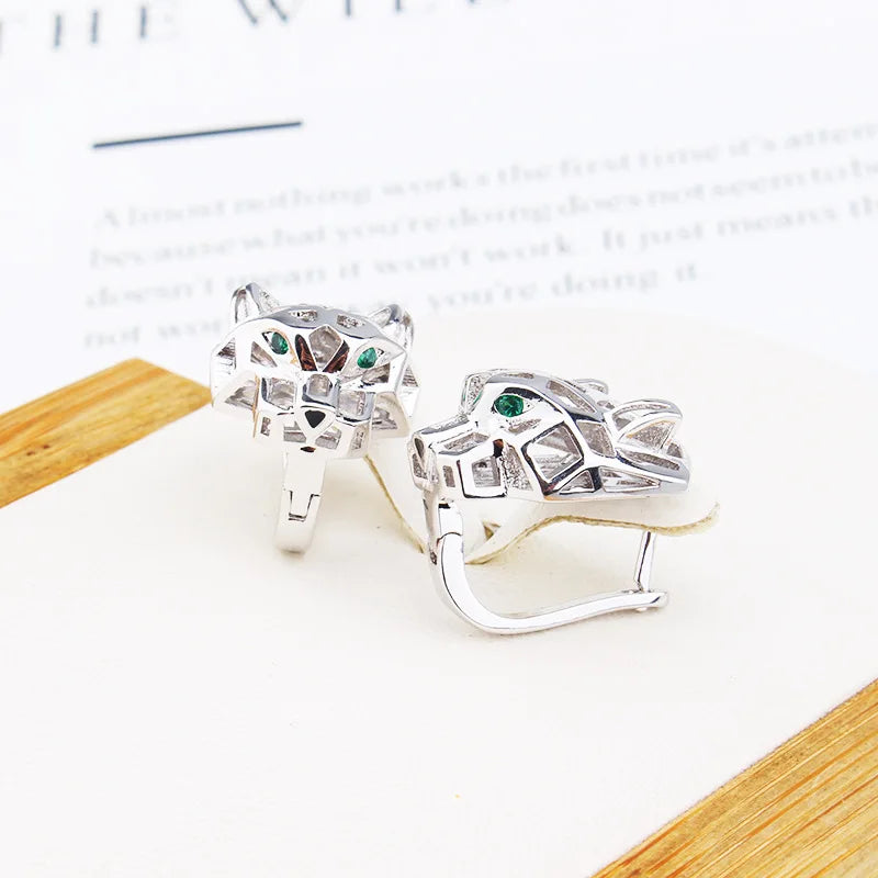 Europe America Designer Luxury Women Lady Micro Inlaid Full Zircon Green Leopard Plated Gold Color Stud Ear Clip Earrings