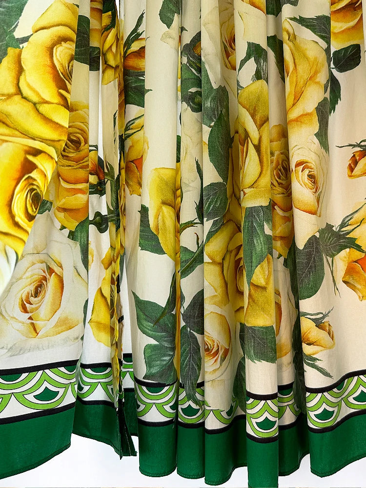 Sicilian 100% Cotton Skirt Women High Quality Yellow Rose Flower Print With Pockets Split Long Elegant Party Beach